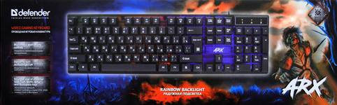 Клавиатура проводная игровая DEFENDER Arx GK-196L (Аркс) RU, черн/проз, радуж, 104/FN, 1.5м