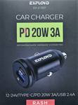 Автомобильное ЗУ, Exployd, 3A, 1хUSB 2.4A, PD, 20W, чёрный